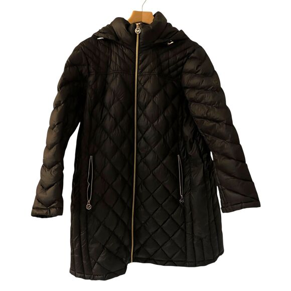 Michael Kors Women's Black Long Quilted Hooded Zip Down Packable Jacket Size 1X - Picture 1 of 7